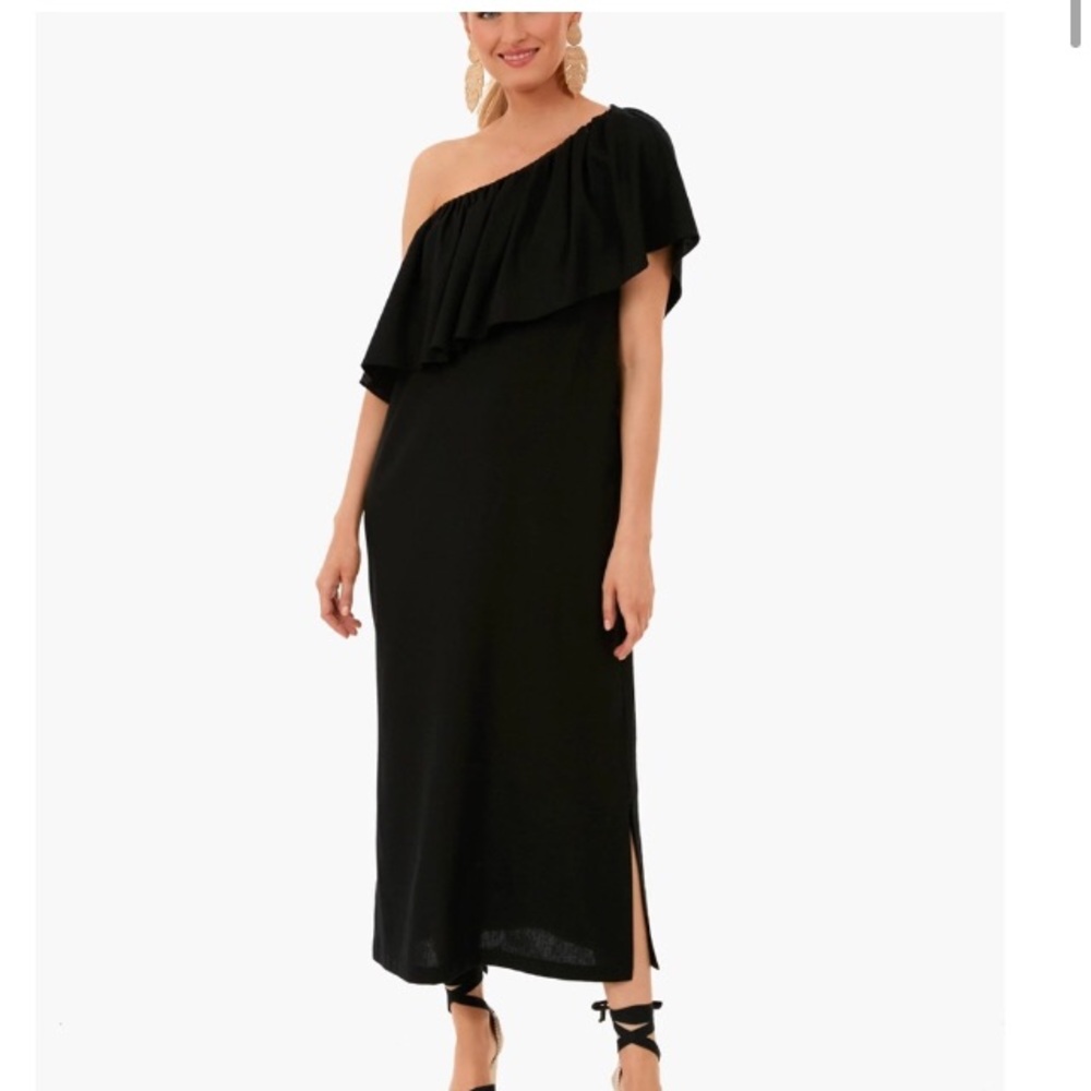 NWOT Tuckernuck Florencia black midi dress with ruffle one shoulder L